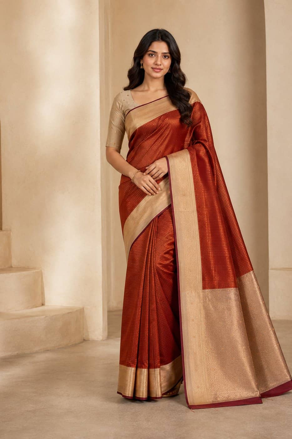 Rust Red Tussar Silk Saree
