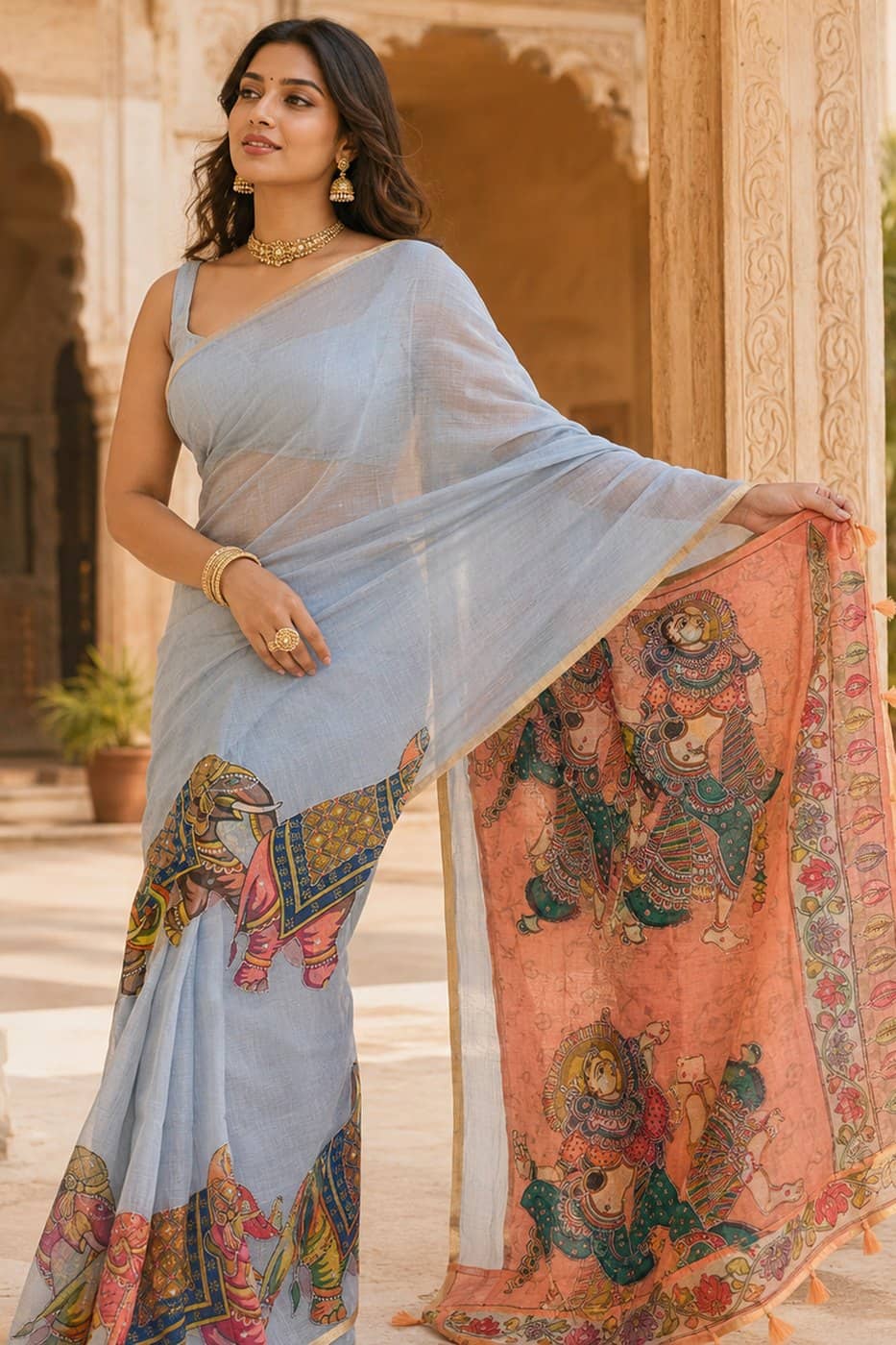Pearl Blue Pichwai Print Saree