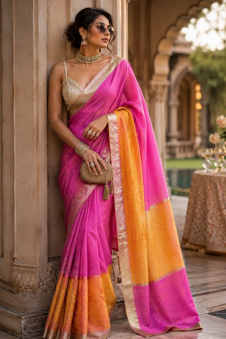 Pink & Yellow Linen-Mix Cotton Saree