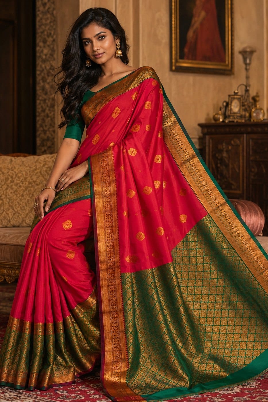 Red & Green Salem Silk Saree